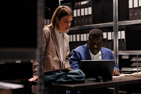 Un equipo de profesionales colabora en un entorno de oficina, revisando datos en una laptop como parte de una ciberinvestigación.