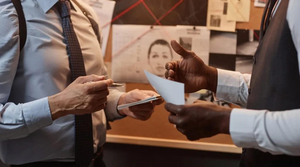 Durante unas investigaciones privadas, dos personas intercambian documentos frente a una pizarra con retratos y pistas clave.